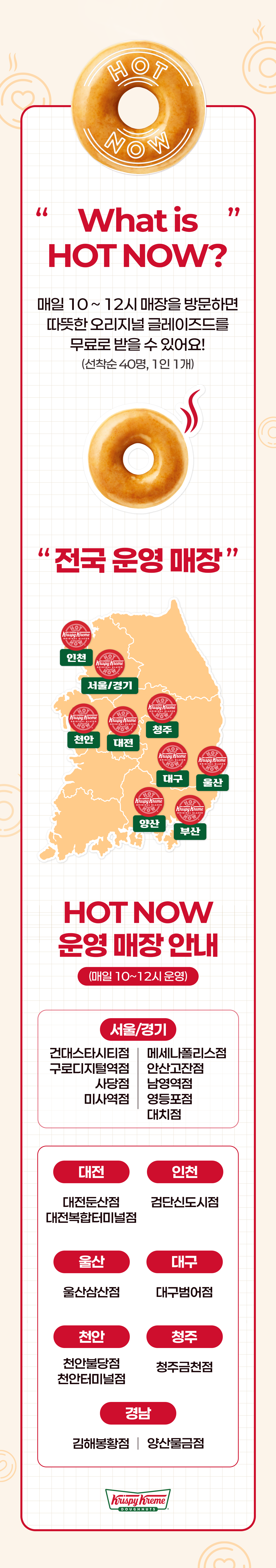 What is HOT NOW? 
매일 10 ~ 12시 매장을 방문하면 따뜻한 오리지널 글레이즈드를 무료로 받을 수 있어요!
(선착순 40명, 1인 1개)

"전국 운영 매장"

서울/경기
건대스타시티점, 안산고잔점, 구로디지털역점, 사당점, 남영역점, 영등포점, 미사역점, 대치점, 메세나폴리스점

대전
대전둔산점, 대전복합터미널점

인천
검단신도시점

울산
울산삼산점

대구
대구범어점

부산
김해봉황점

양산
양산물금점

천안
천안불당점

청주
청주금천점
